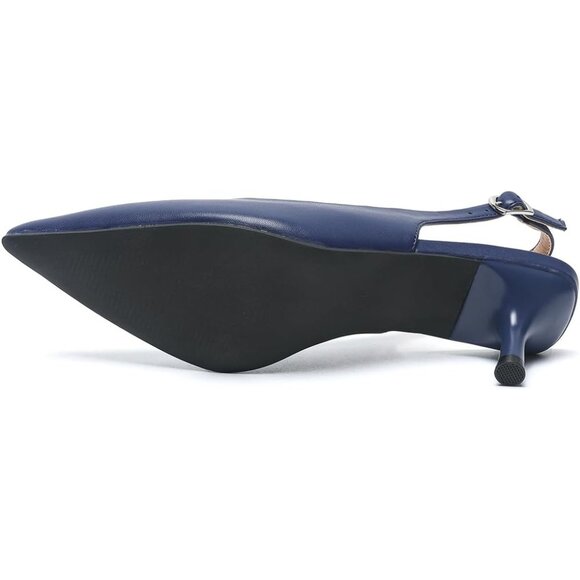 Amoji Womens Navy  Pu Low Kitten Heels Slingback Pump Pointed Toe With Buckle - Picture 4 of 7